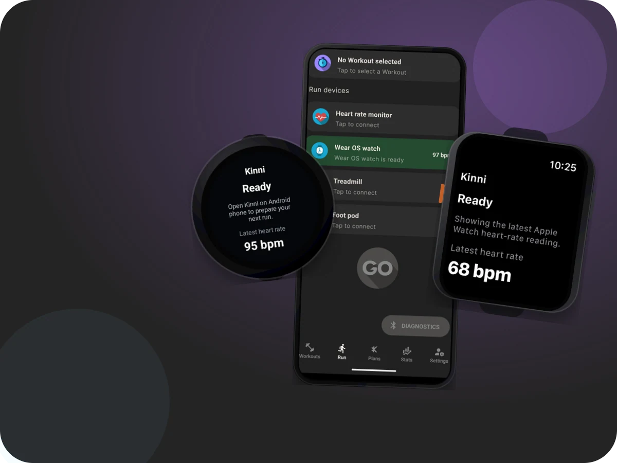 Actual Kinni app screenshots showing Kinni device cards for watches, heart-rate monitors, and foot pods.