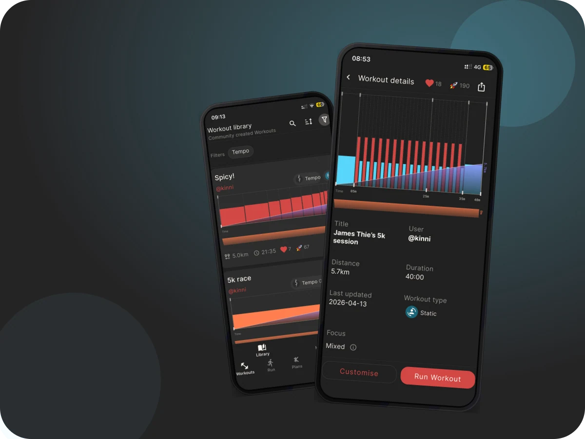 Actual Kinni app screenshots showing the Kinni Workout Library with realistic workout cards.